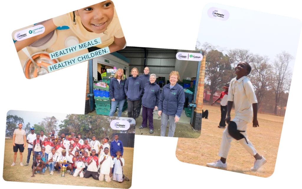 Children enjoying healthy meals, volunteers at a food bank, and a young cricketer and his team supported by the GutMapDx Foundation